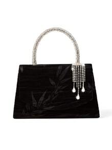 1pc Asymmetrical Pattern Velveteen Material Party Clutch, Decorated With Elegant Crystal Wrist Strap And Crystal Tassel, Suitable For Wedding/Party/Prom/Formal Occasions (Handheld/Shoulder/Crossbody)
