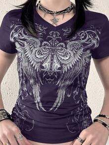 2000年代复古风印花圆领短袖女式T恤，Y2K街头哥特风休闲夏季款 - 彩色 - 查看 5