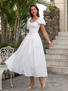 PARTHEA 露背交叉系带蕾丝拼接塑身泡泡袖褶皱紧身连衣裙（拉链，性感）白色夏季 - 白色 - 查看 5