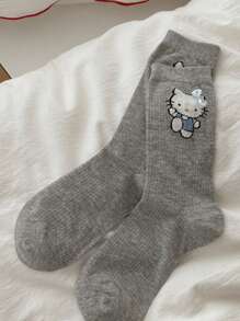 Sanrio 1Pair Sanrio Hello Kitty Women's Mid-Crew Socks | Mesh Cotton Summer Design With 3D Bow Accents (Grey/Blue/Cream), Breathable & Lightweight For Casual Wear, Kawaii Christmas Gift