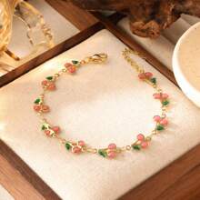 1 pièce Bracelet décoratif en acier inoxydable plaqué or 18K avec des cerises colorées, mode pour les fêtes, les rendez-vous et le travail