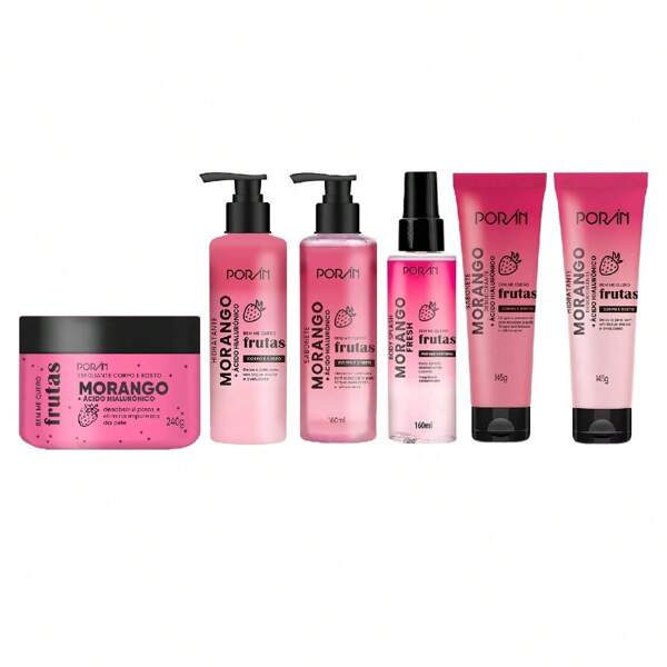 Kit 5 Itens Poran Cuidado Corporal Morango Esfoliante Hidratante Sabonete Liquido Body Splash