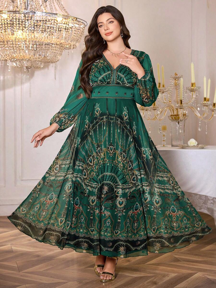 大码女式V领随机花卉印花灯笼袖优雅长袖长裙 - 墨綠色 - 查看 1