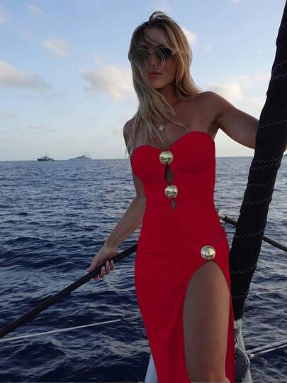 New Elegant Hollow-Out One-Piece Swimsuit For Women, Fashionable Red Long Dress Suit For Party, Beach, Vacation, Date, Spring/Summer