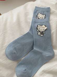 Sanrio 1Pair Sanrio Hello Kitty Women's Mid-Crew Socks | Mesh Cotton Summer Design With 3D Bow Accents (Grey/Blue/Cream), Breathable & Lightweight For Casual Wear, Kawaii Christmas Gift