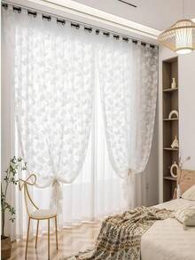 1 件 140 厘米 * 160 厘米浪漫白色花卉蕾丝窗帘，优雅的索环设计，适用于客厅、卧室或餐厅装饰，涤纶面料，可机洗，四季皆宜，卧室装饰 | 绣花窗帘 | 涤纶面料，客厅窗帘