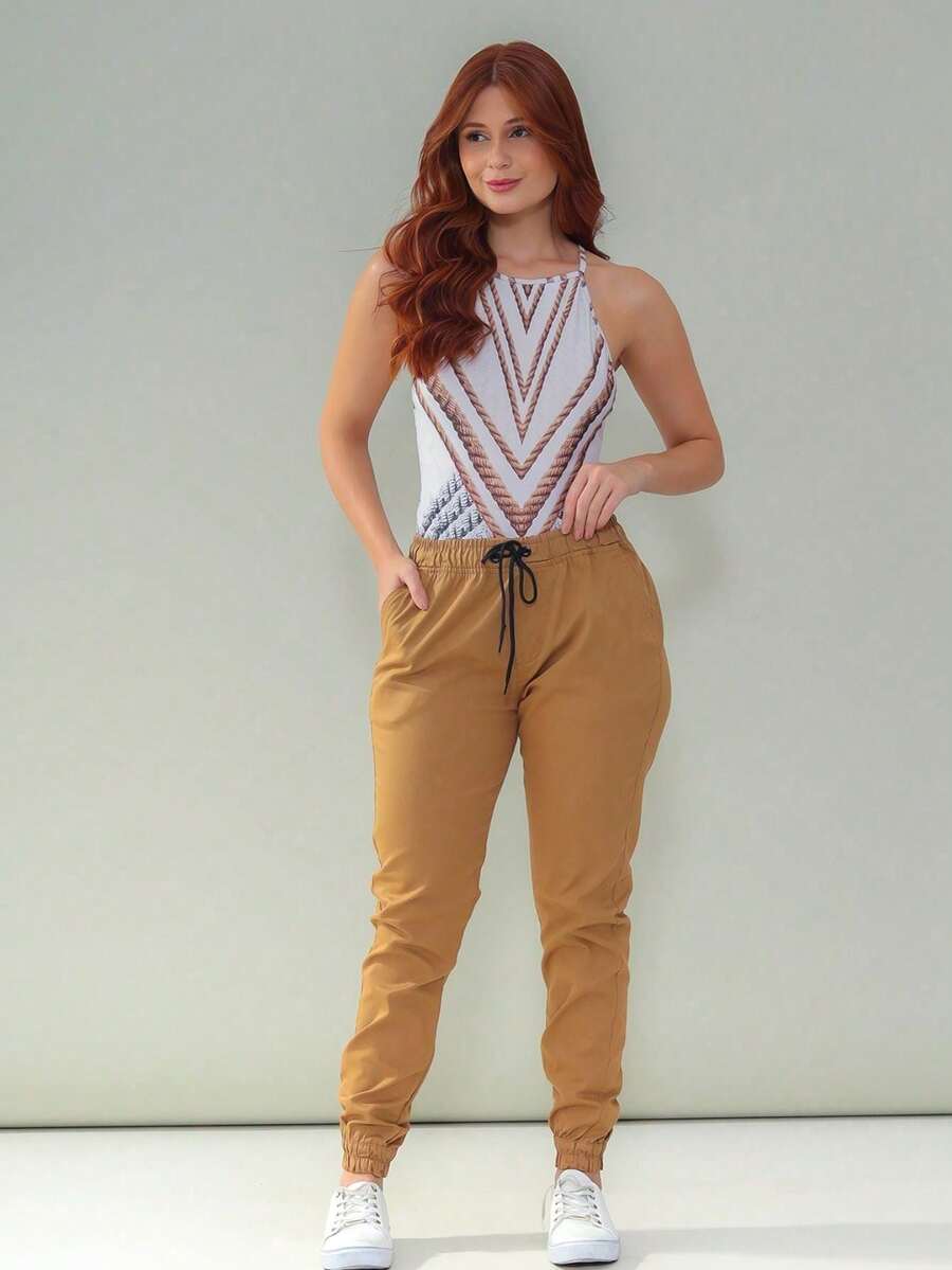 Women's Twill Jogger Pants - 駝色 - 查看 1