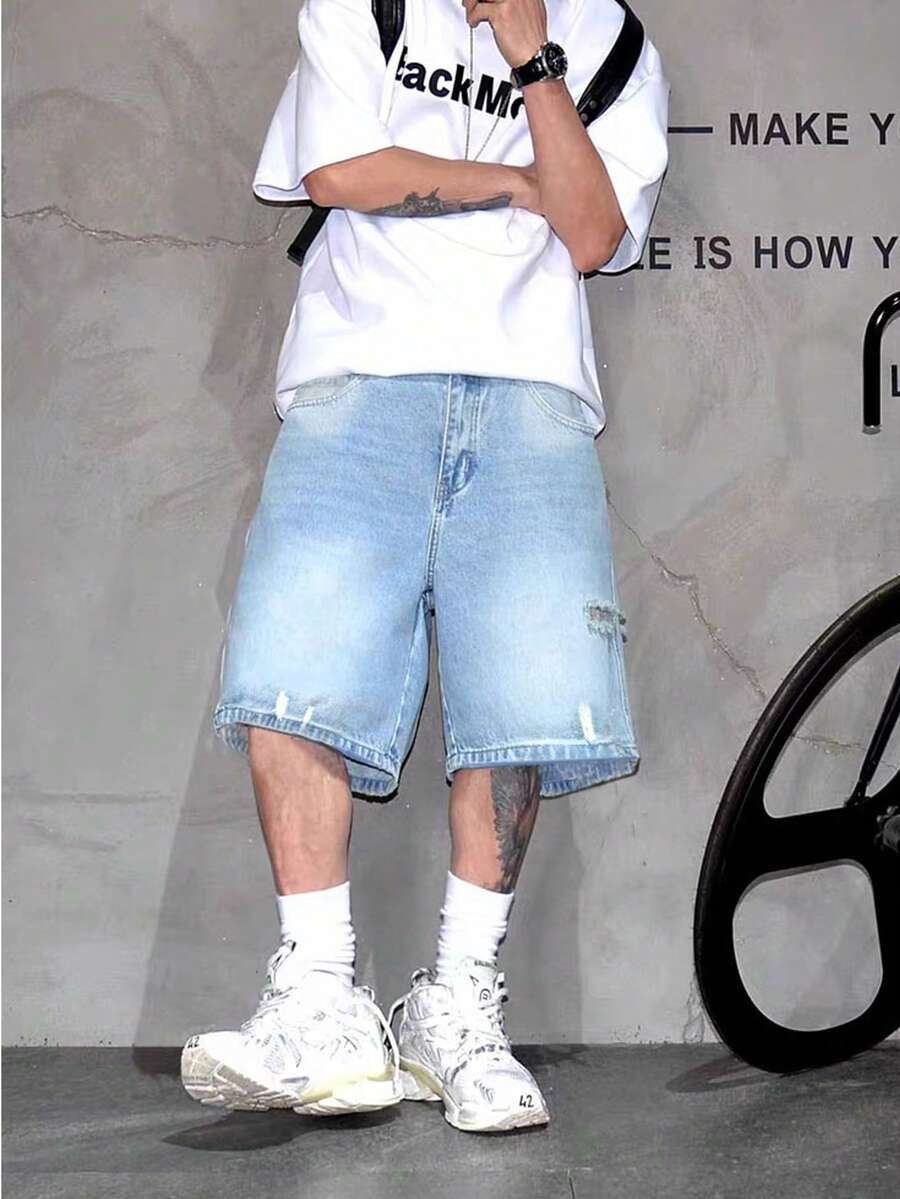 男士破洞修身牛仔短裤，韩版时尚 - 淺色水洗藍 - 查看 1