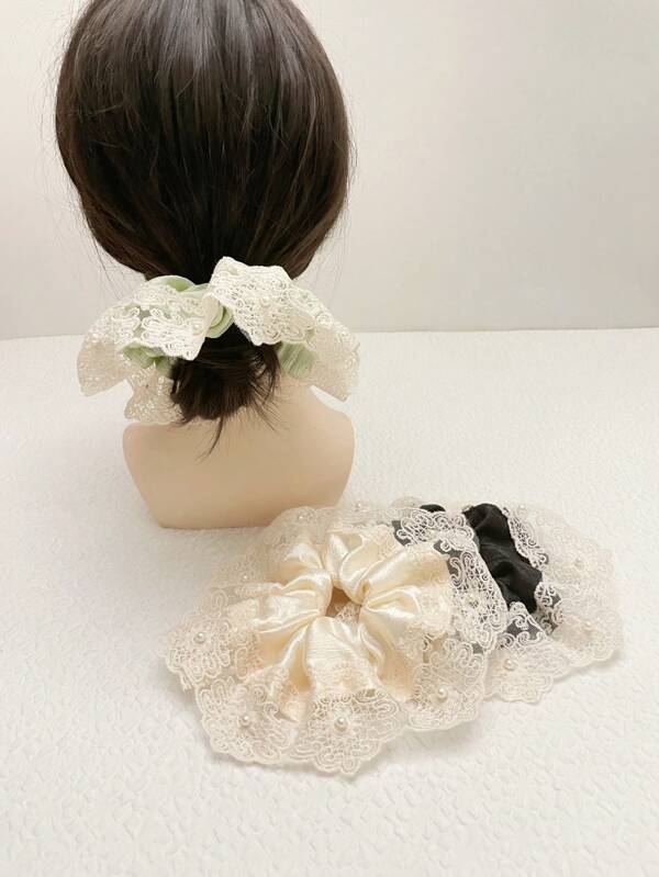 1 Piece Solid Color Flower Lace Pearl Scrunchies Hair Tie For Women Ladies Suit Travel Daily Use Green Black Color