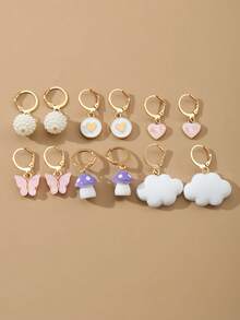 6 Pairs/Set Fashion Cute Butterfly & Heart Faux Pearl Earrings Jewelry Set, Suitable For Wedding & Girls