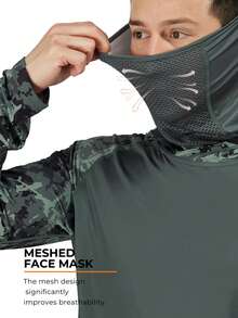 RODEEL 男士连帽户外运动防晒服带面罩颈护高性能钓鱼衬衫迷彩印花插肩袖吸汗速干透气长袖适合海滩、划船、徒步旅行、狩猎、水上运动 - 軍綠色 - 查看 5