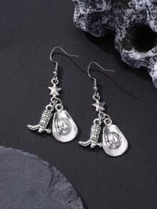 Retro Gothic Punk Denim Cowboy Hat, Five-Pointed Star Cowboy Boots, American Midwest Farmer Texas Western Style Earrings - Silver - View 4