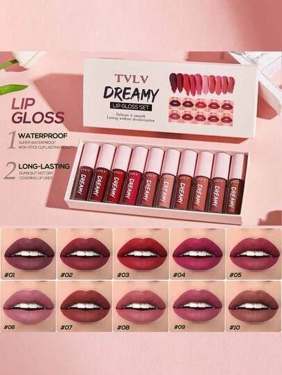 Set de 10 piezas de brillo de labios mate sedoso de larga duración - Crea looks de labios refinados, fórmula de alta pigmentación suave, labial líquido resistente al agua, tinte de labios, set de maquillaje de labios, regalo navideño para mujeres
