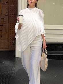 女士街头休闲简约性感圆领不对称披肩镂空针织上衣短袖网眼针织衫沙滩罩衫轻薄套头披肩半蝙蝠袖宽松衬衫，春夏秋季白色 - 白色 - 查看 9