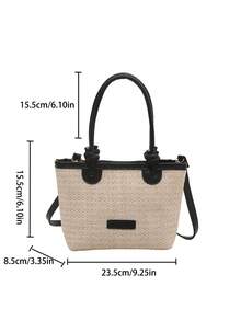 2025 女士编织单肩托特包，大容量度假沙滩手提包，通勤手提包 - 黑色 - 查看 2