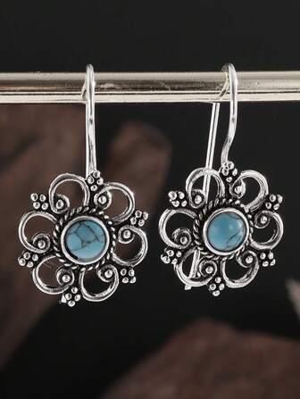Vintage eleganta turkosa blomformade örhängen, lämpliga för fester och högtider