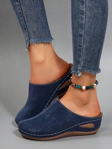 优雅时尚女士新款厚底一脚蹬穆勒鞋，舒适软底拖鞋，适合春秋季，适合居家、散步、通勤 - 藏蓝色 - 查看 7