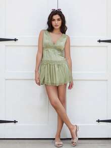 Women's Mini Dress Stylish Solid Lace Trim V Neck Sleeveless A Line Dress For Summer Spring - Light Green - View 5