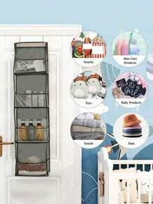 1pc 6-Compartment Foldable Hanging Bag For Snacks, Toys, Clothes Storage, Grey, With 2 Hooks For Wall/Cabinet/Door Hanging In Kitchen/Bathroom,Rear Door Storage Hanging Bags, Wall-Mounted Fabric Storage Bags, Dormitory Organizational Gadgets, And Household Wall-Mounted Storage Solutions.