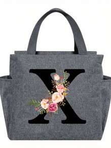 1pc Elegant Floral & Letter Tote Bag - Insulated Lunch Bag, Made Of Durable Polyester, Grey With Pink Flowers & Green Leaves, Suitable For Office, School And Outdoor Picnic