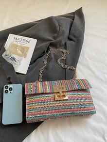 1 pieza Bolso de mano con correa de cadena tejida de paja con forma cuadrada y colores arcoíris, accesorio de moda versátil para mujeres - Multicolor - Ver 6