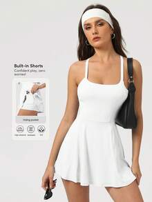 Sodalemon Women Cross Back Fitness Gym Sleeveless Training Outdoor Tennis Skirt Set Backless Lined Running Casual Yoga Sport Dress - 白色 - 查看 2