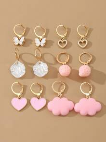 6 Pairs/Set Fashion Cute Butterfly & Heart Faux Pearl Earrings Jewelry Set, Suitable For Wedding & Girls