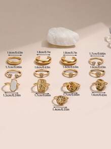 13pcs/Set Retro Rhinestone Hollow Portrait Adjustable Ring Set - Suitable For Daily & Casual Occasions