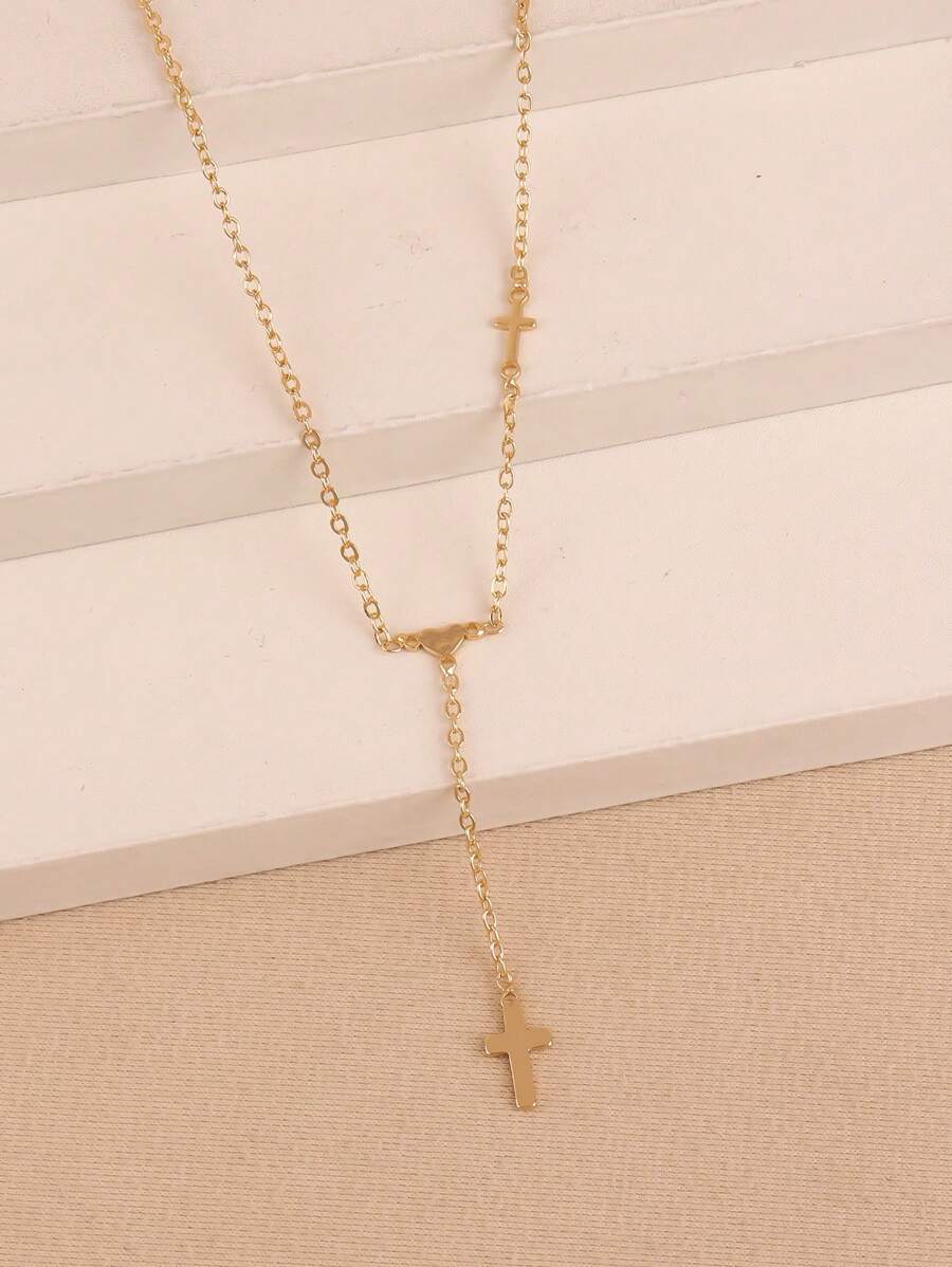 1pc Elegant Cross & Heart Decor Y-Necklace, Women's Everyday, Date, Party Accessory