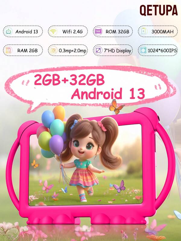 Qetupa 7 Inch Cartoon Android 13 Kids Tablet,A133 Quad-Core 1.6GHZ Processor,2GB RAM+32GB ROM,1024*600 IPS Touch Screen,3000mAh Battery,0.3MP+2.0MP Dual Camera, 802.11b WIFI 2.4G,With Parental Control,Educational, Games, Shockproof Case