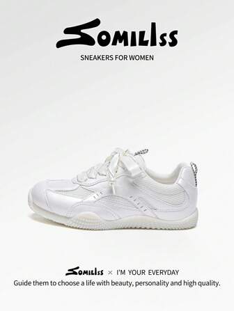 somiliss 女士运动防滑休闲运动鞋，系带网眼透气舒适珍珠白轻便网球跑步鞋，2025 夏季低帮百搭平底户外步行鞋，白色