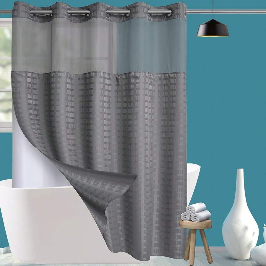 Wide Hotel Fabric Shower Curtain With Snap In Liner 108" X 74" For Bathroom Machine Washable Waterproof Repellent Shower Curtain (White 108" (W) X 74"(H)) - 格紋灰色 - 查看 1