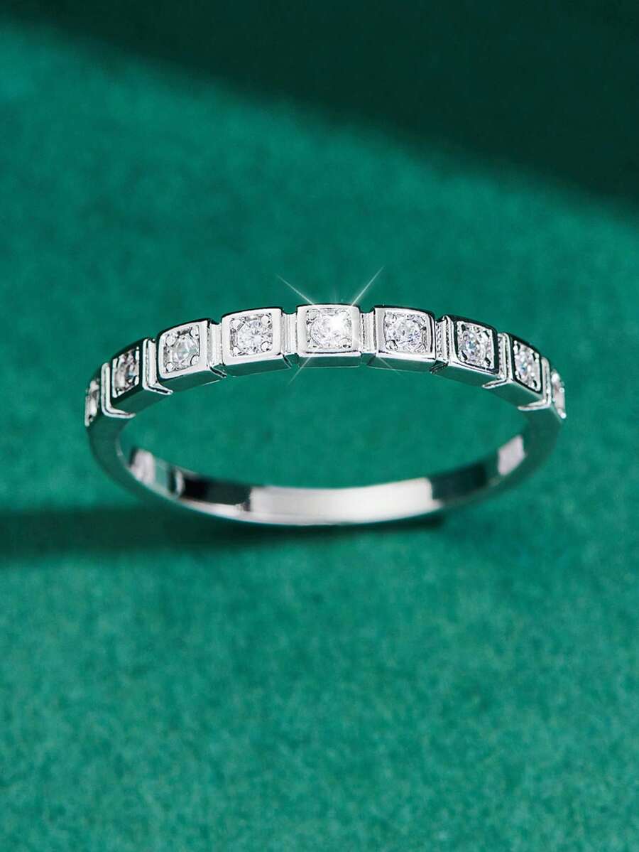 1pc Sparkling Elegant Cubic Zirconia Square & Round Shape Ring - Silver - View 1