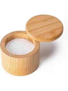 Bamboo Salt Cellar, Magnetic Swivel Lid Salt Box, Round Container For Storing Pepper Sugar Herbs, 6 Ounce Capacity