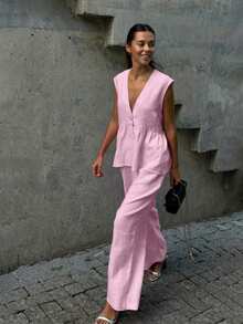 2pcs Women Casual Elegant Vacation Date Linen Top And Pants Set, Spring/Summer - Baby Pink - View 3