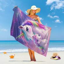 1 pièce Serviette de plage personnalisée grande avec design arc-en-ciel licorne colorée, convenant à un usage extérieur, camping, natation, vacances, excellent cadeau et accessoire de plage essentiel - Violet - Voir 3