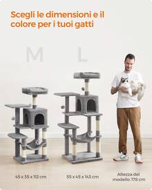Albero per Gatti Alto 112 cm, Tiragraffi per Gatti, con 4 Pali Graffiatoi, 2 Posatoi, 1 Grotta, 1 Amaca, 2 Pompon, in Peluche a Più Livelli,  Grigio Chiaro - Grigio Chiaro - Visualizzare 11