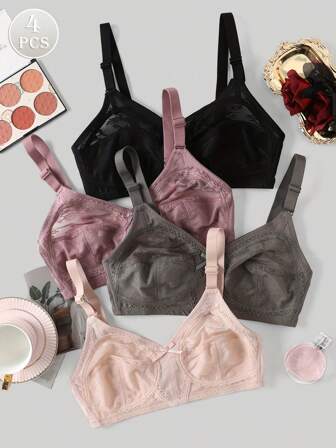 4pcs Women's Multi-Color Full Coverage Wire-Free Sexy Lace Gather Push-Up Breathable Thin Bra