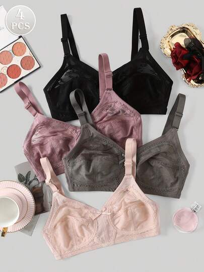 4pcs Women's Multi-Color Full Coverage Wire-Free Sexy Lace Gather Push-Up Breathable Thin Bra