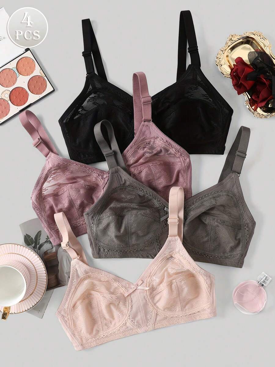 4pcs Women's Multi-Color Full Coverage Wire-Free Sexy Lace Gather Push-Up Breathable Thin Bra - Multicolor - View 1