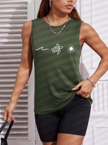 Women's Casual Versatile Turtle Print Sleeveless Tank Top, Military Green