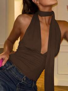 Mujeres Verano Correas Cruzadas Espalda Descubierta Crop Camisetas de Halter Elegante Sexy para Fiesta - Café integral - Ver 3