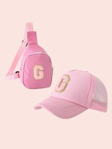 2 件套女孩粉色字母设计棒球帽和小袋套装，男孩透气休闲装户外装