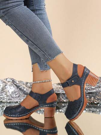 Fall/Winter 2025 White Lightweight Heels For Women, Summer New Hollow Out High Heel Pumps, Vintage Casual Hook And Loop Thick Heel Ladies Shoes,Elegant