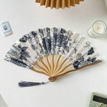 1 件精美复古水墨画折扇带流苏装饰 - 手工制作的中国风工艺扇，便携式设计，适合男女日常使用，母亲节礼物，春夏派对的最佳选择，图案位置随机，适合夏季清凉、海滩、旅行 - 彩色 - 查看 12