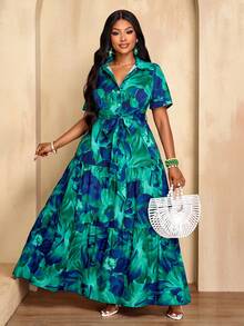 BIUBIU 大码女式休闲度假优雅性感约会短袖衬衫领开襟热带印花多层长裙（图案随机）夏季 - 綠色 - 查看 3