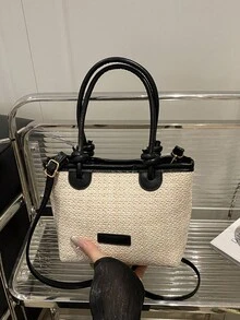 2025 女士编织单肩托特包，大容量度假沙滩手提包，通勤手提包 - 黑色 - 查看 6