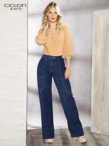 Pantalón Ciclon Jeans Odin/Oly De Mezclilla Azul, Jeans Cargo, Jeans wide leg, Tiro Alto, Reduce el Abdomen, Jeans Clásicos, jeans mujer, mezclilla stretch, Casual Uso Diario, Pantalones jeans anchos de cintura alta azul, con múltiples bolsillos, estilo militar - trendy y prácticos, Vaqueros con bolsas, Jeans de mezclilla de pierna ancha recta de diseño simple con cintura alta para mujeres a la moda, Pantalones de moda, Pantalones largos, Pantalones amplios,  Jeans De Carga De Bolsillo Con Solapa De Cintura Alta Y Costado - Azul oscuro - Ver 2