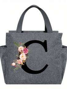1pc Elegant Floral & Letter Tote Bag - Insulated Lunch Bag, Made Of Durable Polyester, Grey With Pink Flowers & Green Leaves, Suitable For Office, School And Outdoor Picnic