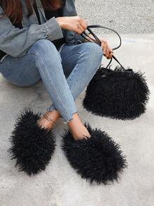 Women's Autumn/Winter Bohemian Cute Faux Fur Slip-On Slippers Combo Set - Black - View 4